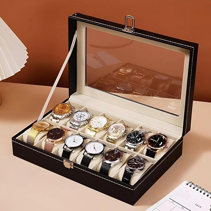 صندوق جلد لتنظيم الساعات مقسم الي 12 خانة بغطاء زجاجي محكم الغلق Main image