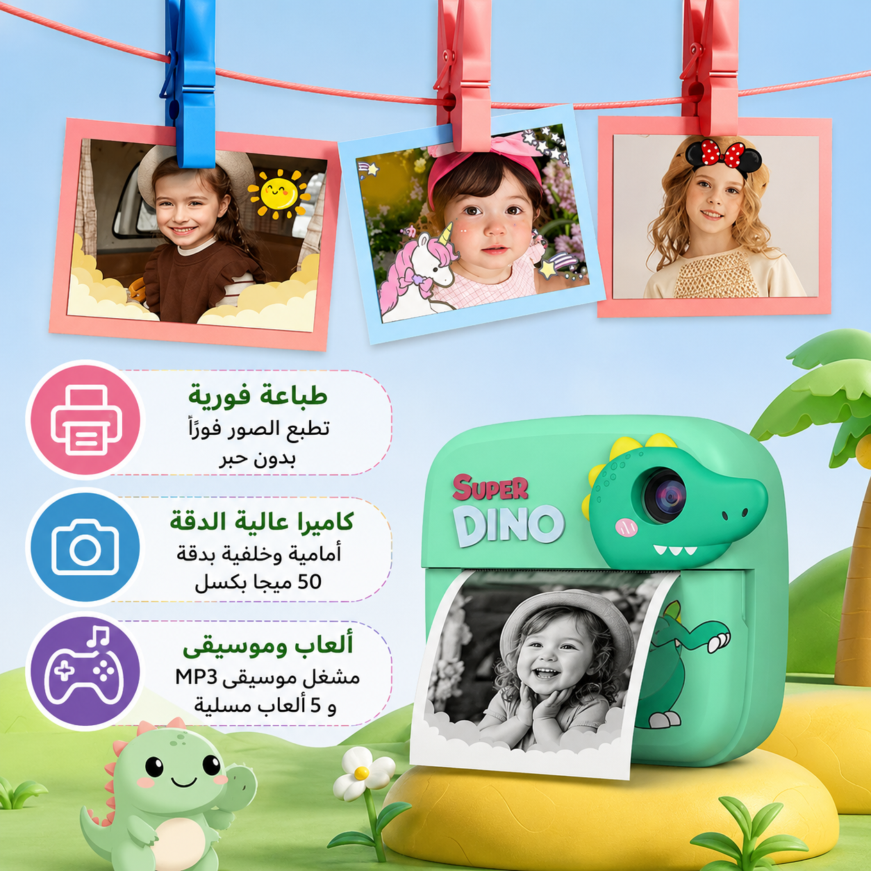 كاميرا تصوير بتصميم ديناصور بطباعة فورية حرارية مع شاشة اتش دي مع موسيقى و العاب. Secondary image