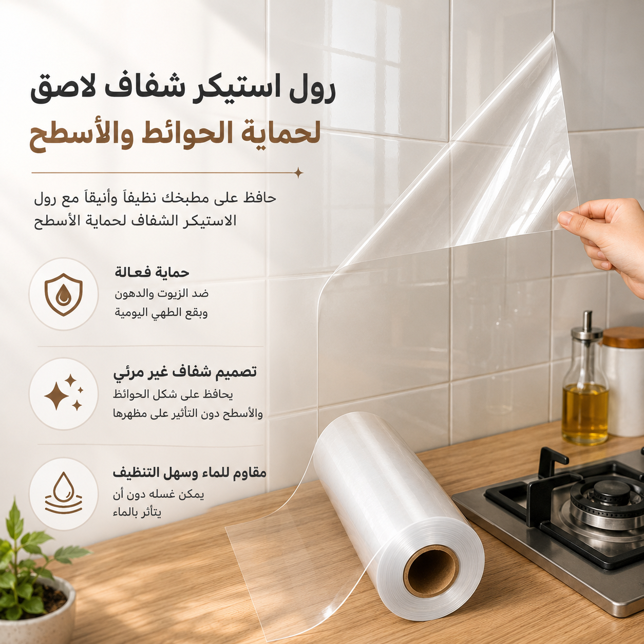 رول استيكر شفاف لاصق وتربروف لحوائط المطبخ لمنع تكون الدهون قابل للقص Secondary image