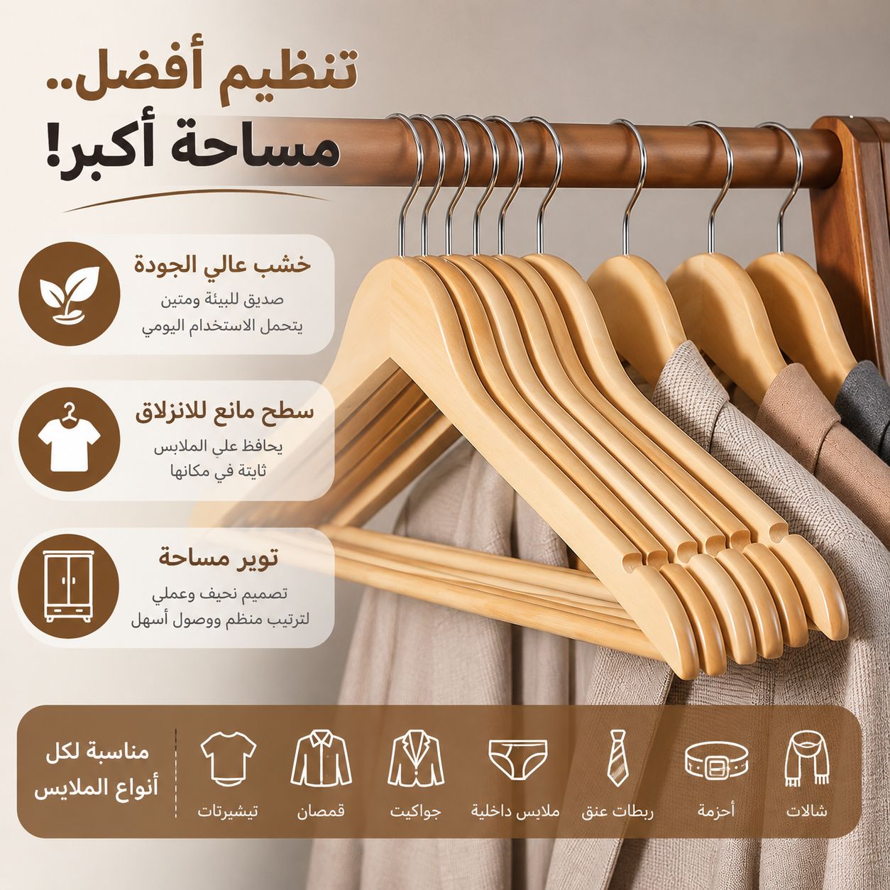 طقم شماعات خشب لتعليق الملابس وتوفير مساحة داخل الدولاب 3 قطع Secondary image