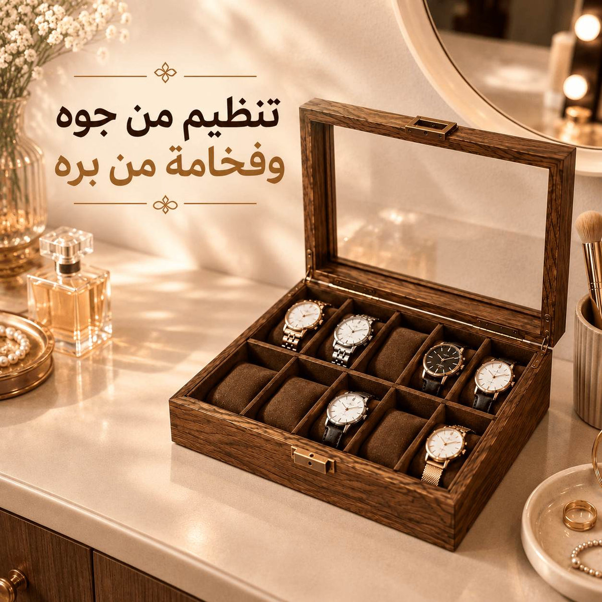 صندوق خشبي لتنظيم الساعات بغطاء زجاجي محكم الغلق 12 خانة Main image