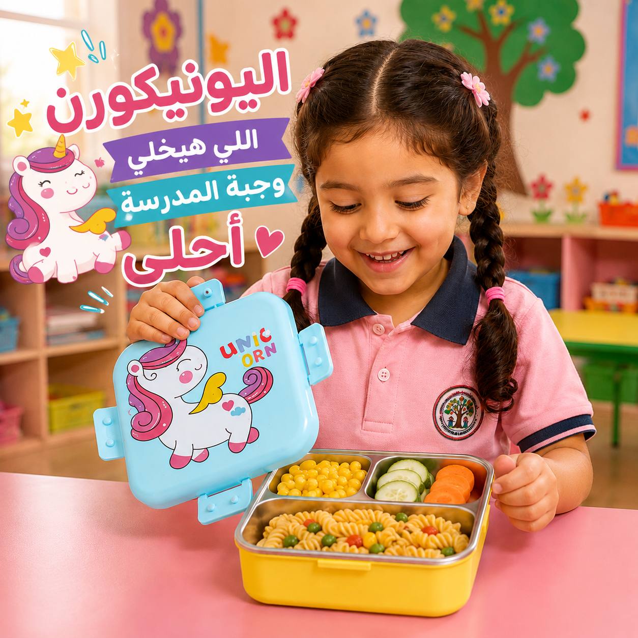 لانش بوكس أطفال يونيكورن دورين استانلس مقسم 3 خانات مع معلقة Secondary image