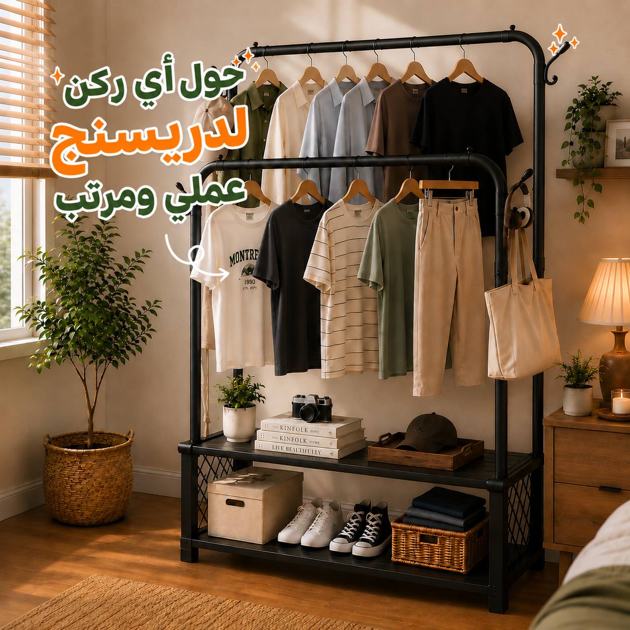 ستاند ملابس مزدوج  مع رفين للتخزين و4 هوك لتعليق الشنط Secondary image