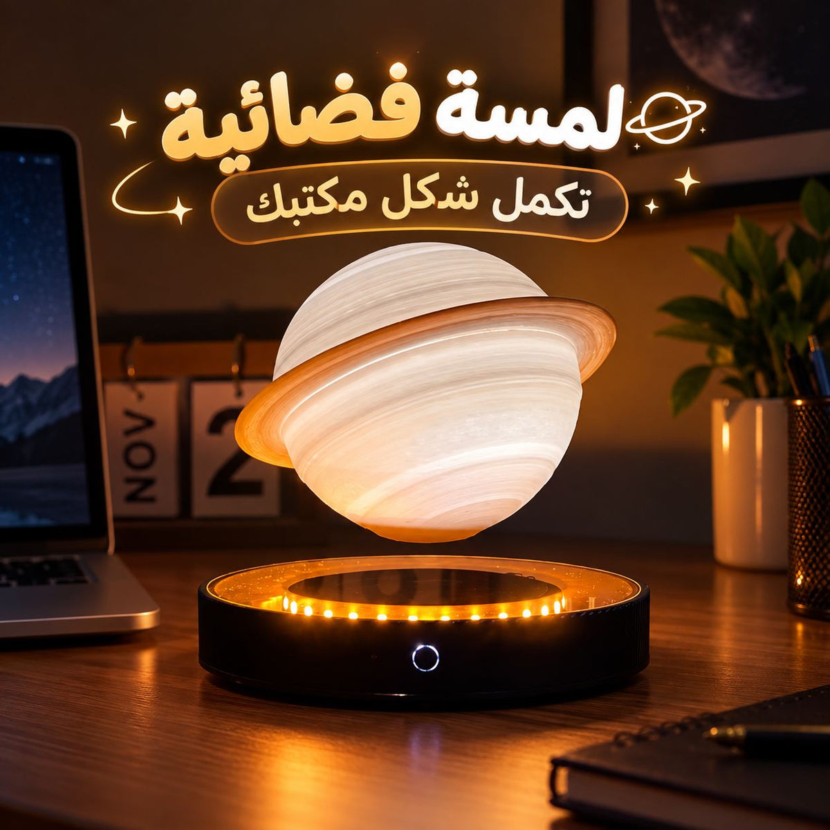 اباجورة مكتب ثري دي بتصميم كوكب زحل العائم بقاعدة شفافة تدور 360 درجة Main image