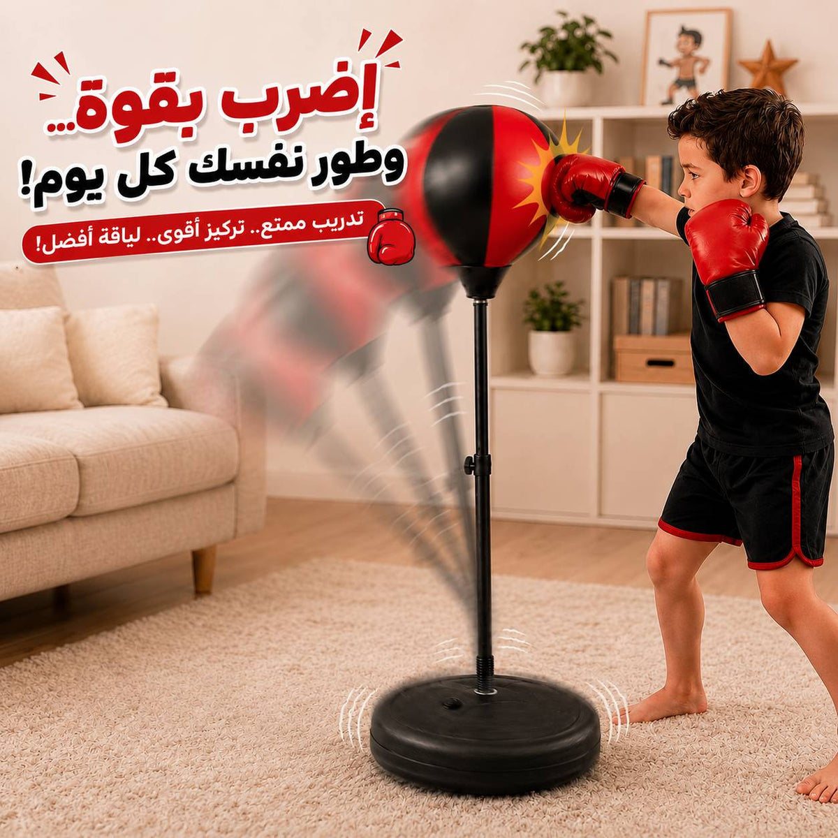 كرة بوكسينج للأطفال وقفازات مع قاعدة ثابتة وارتفاع قابل للتعديل Main image