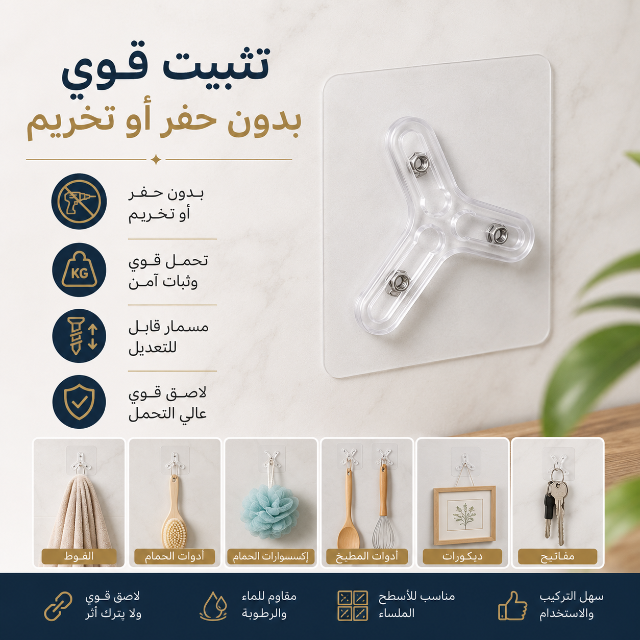 هوك شفاف ذاتي اللصق ثلاثي بتصميم النجمة بديل للمسامير لتعليق أدوات الحمام والمطبخ Secondary image