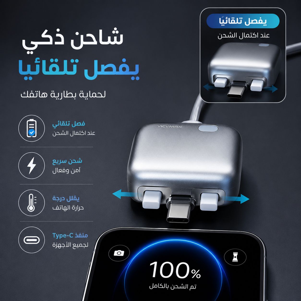 شاحن تايب سي بخاصية الفصل التلقائي لحماية بطارية الهاتف من الشحن الزائد Secondary image