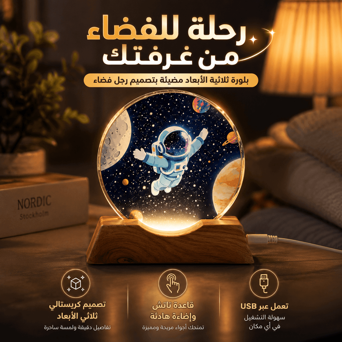بلورة ثلاثية الأبعاد مضيئة بتصميم رجل فضاء بقاعدة تاتش و 9 إضاءات مختلفة Main image