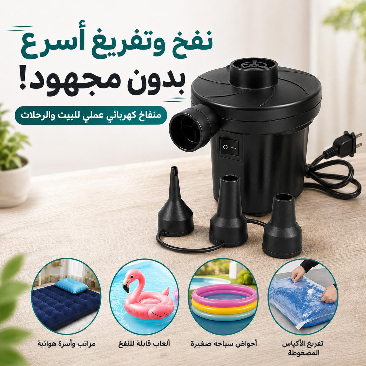 منفاخ هواء كهربائي للنفخ والتفريغ مع 3 رؤوس للمراتب والألعاب الهوائية Main image