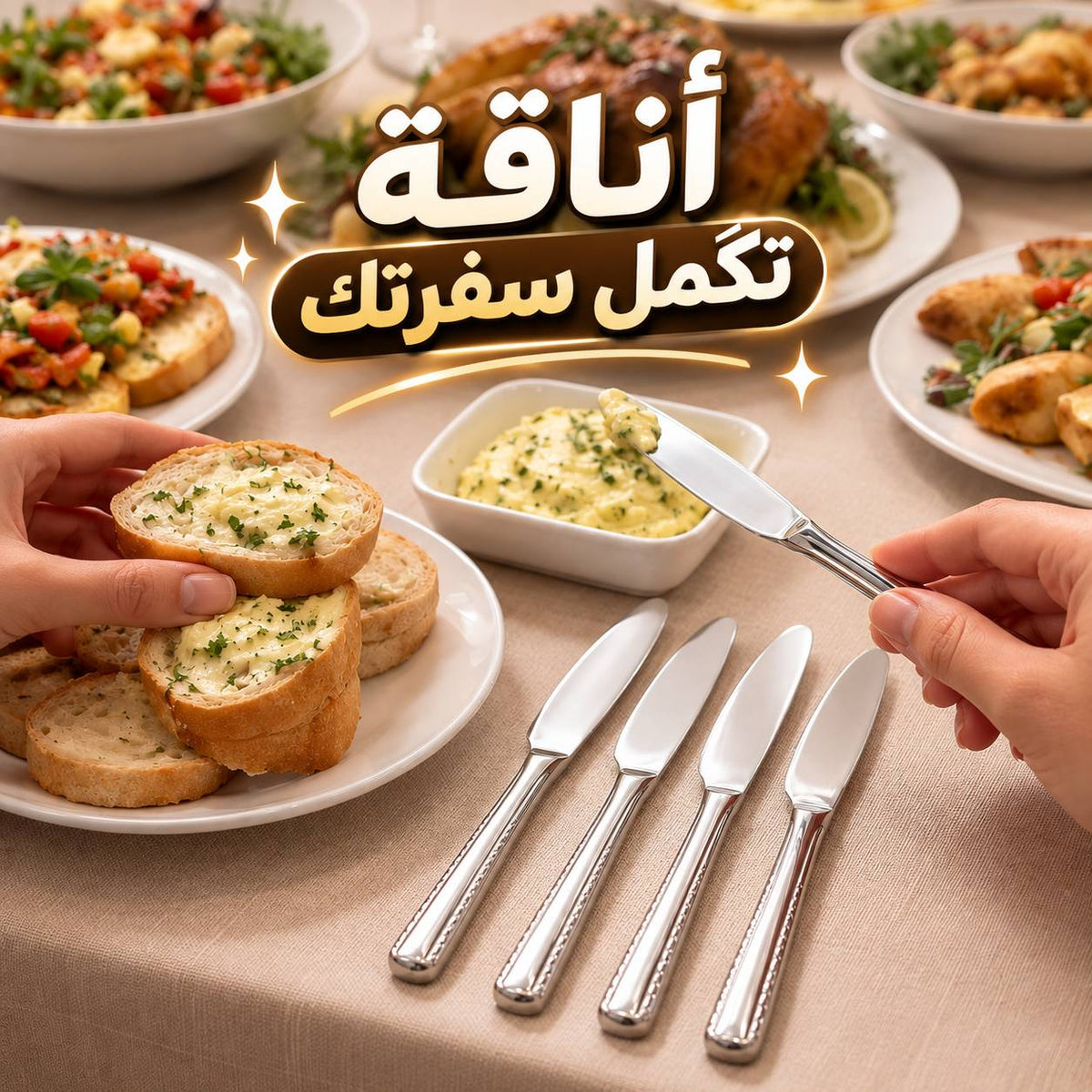 طقم سكاكين عشاء استانلس ستيل تركي باللون الفضي بمقبض مزخرف 12 قطعة Main image