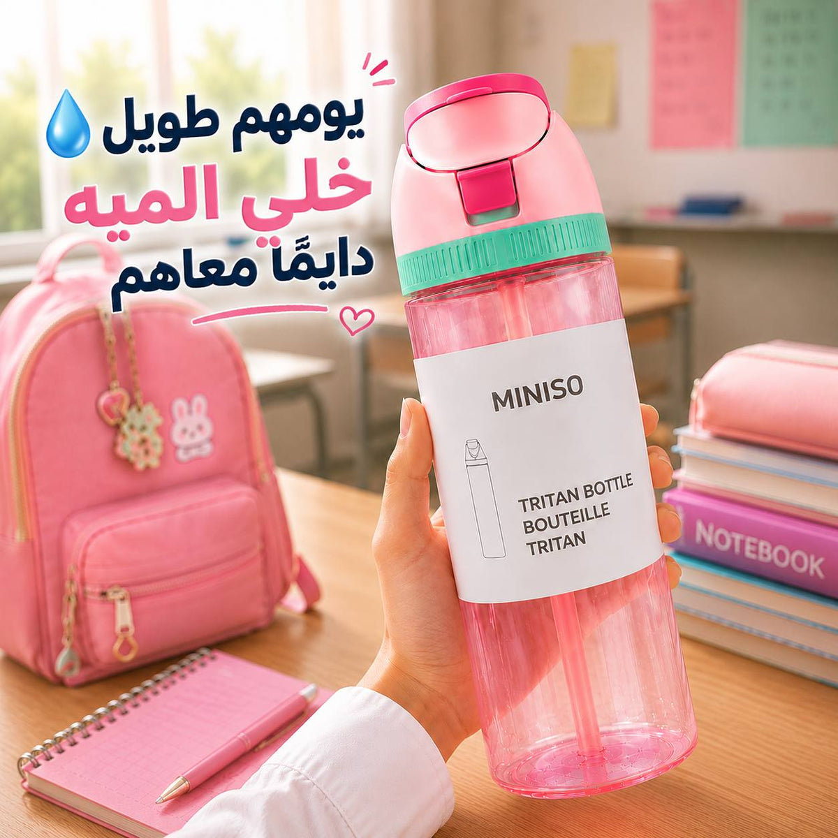 زجاجة مياه 850 مل بغطاء محكم وشريط لسهولة الحمل للمدرسة والاستخدام اليومي Main image